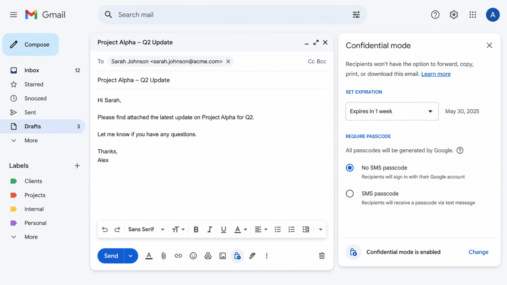 Gmail compose window showing Confidential Mode with expiry date and SMS passcode options