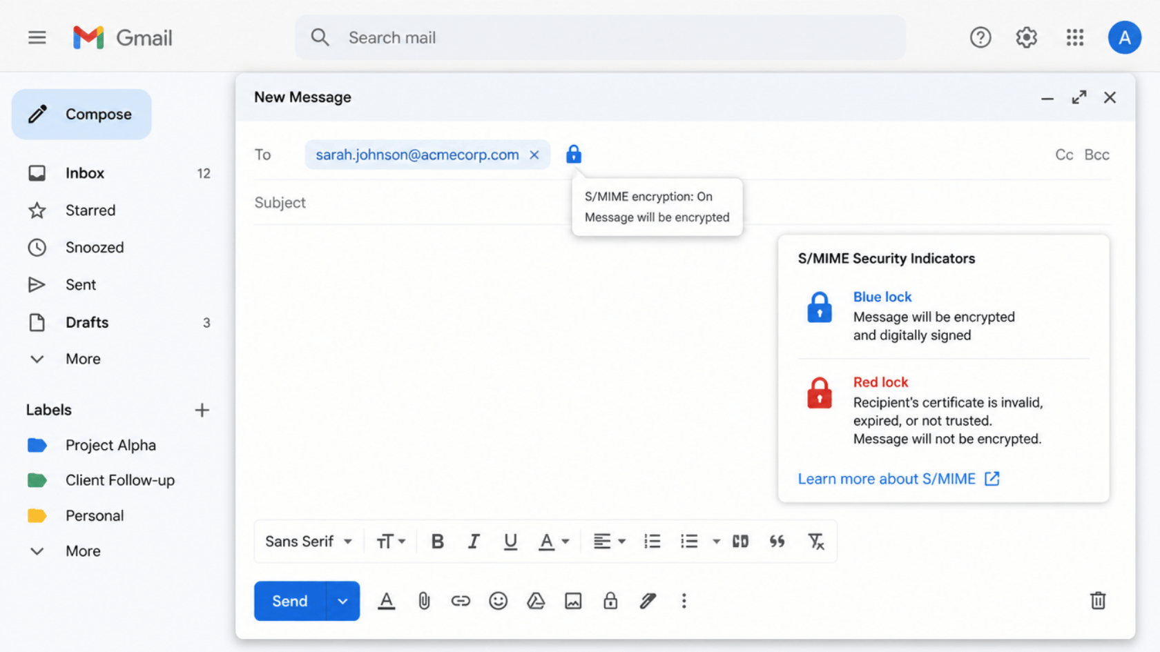 Gmail compose screen showing S/MIME lock icon next to recipient with blue and red status indicators