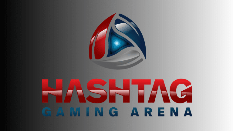 Hashtag Gaming Arena logo with a glossy red, blue, and silver triangular emblem on a gradient background.