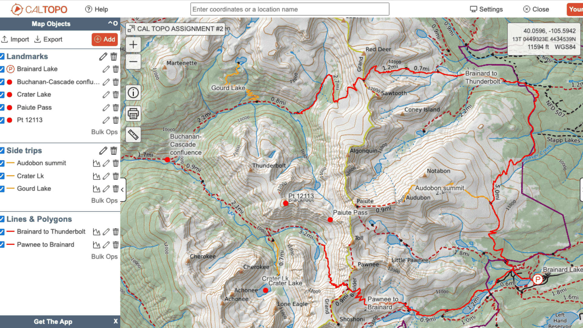 CalTopo topographic map showing hiking routes near Brainard Lake, Colorado with landmarks, side trips, and trail distances marked in red.