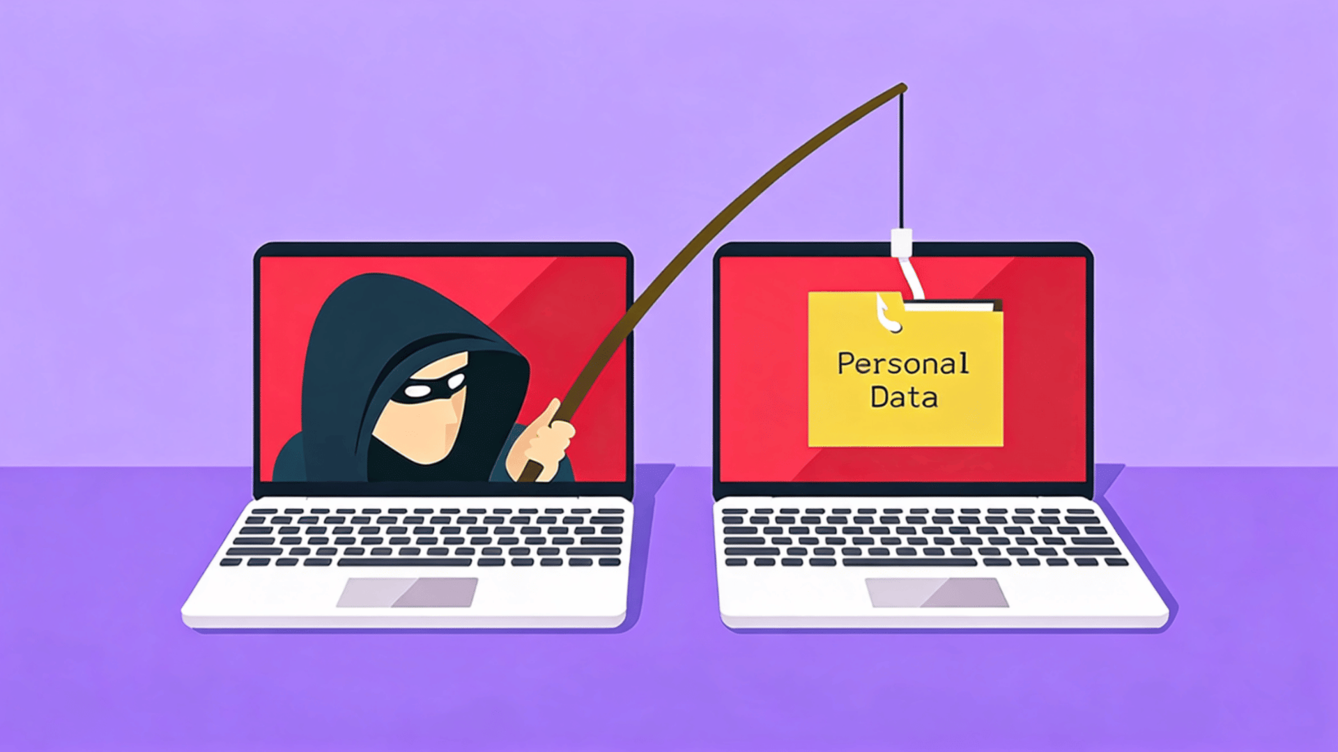 Hooded attacker on one laptop using a fishing rod to pull a “Personal Data” note from another laptop screen