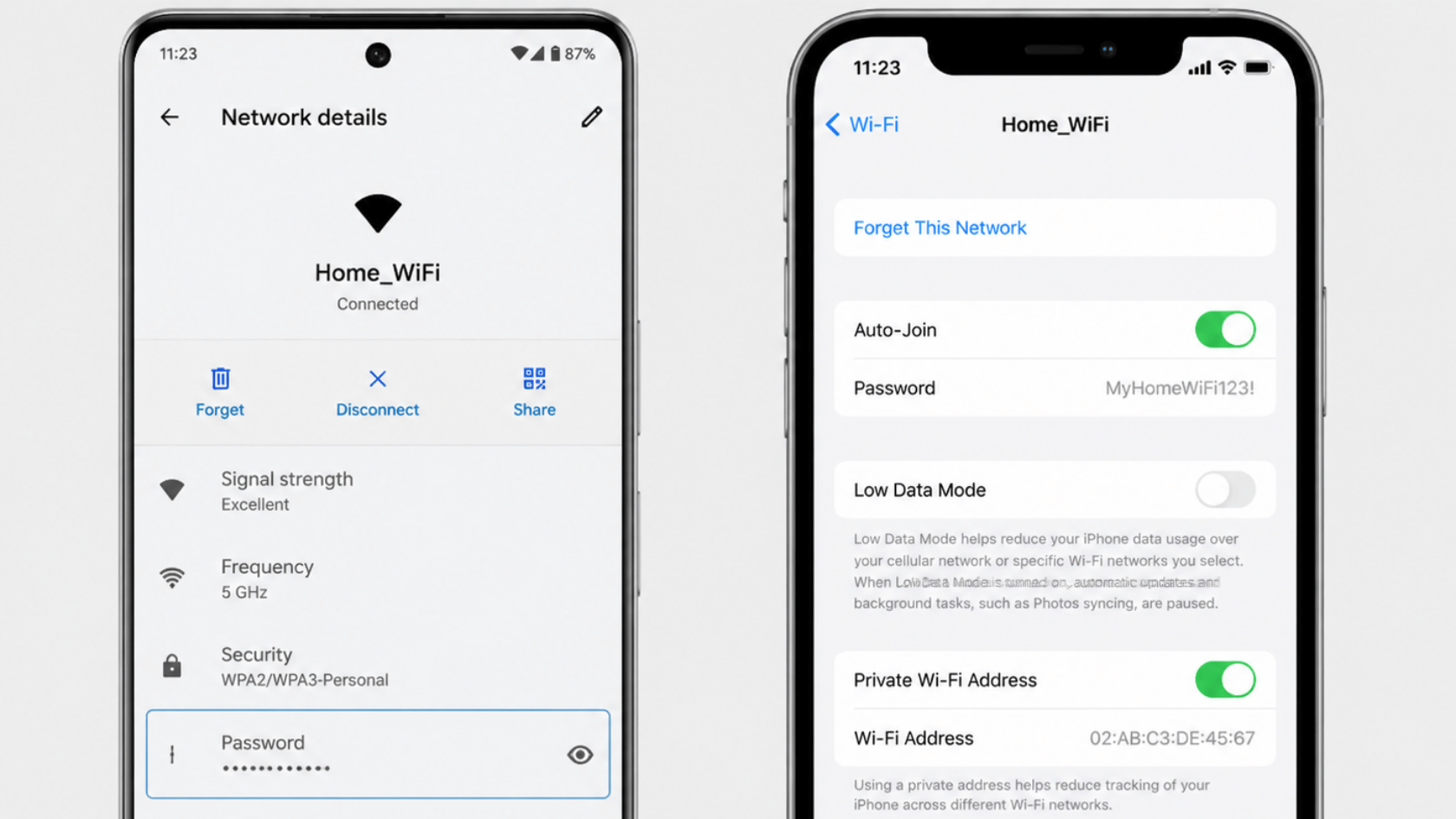 Two smartphone screens showing Wi-Fi settings with option to view saved network password