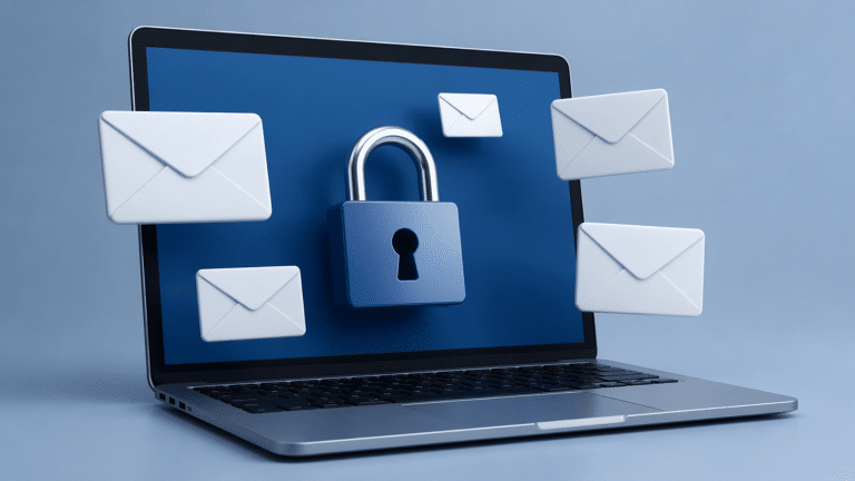 Laptop with floating email icons and a lock symbol representing secure email encryption