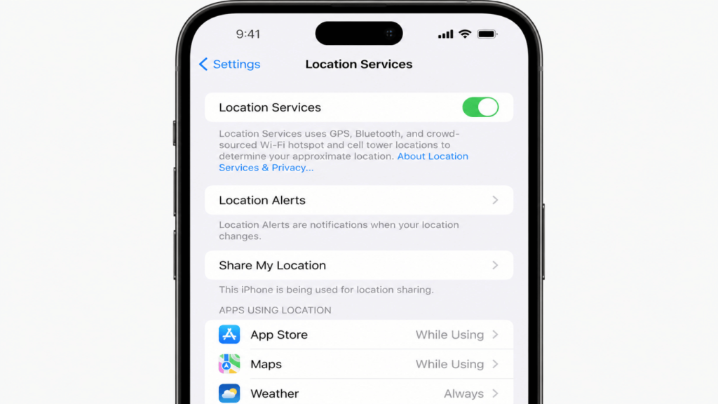 iPhone settings showing Location Services toggle and privacy options