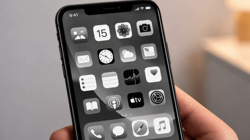iPhone home screen displayed in grayscale with monochrome app icons (1)