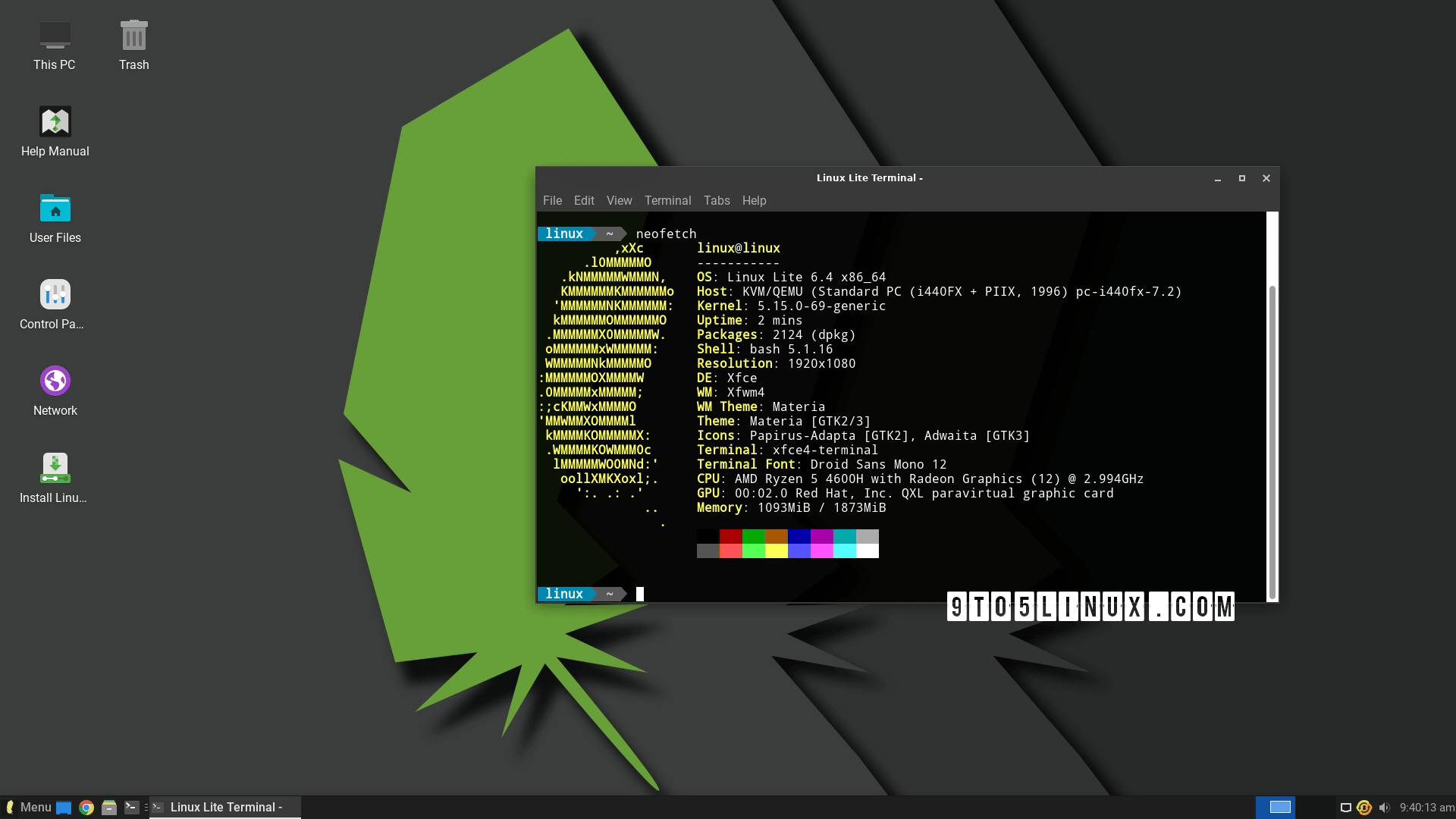 Linux Lite desktop with terminal open showing system info and icons on Xfce interface.