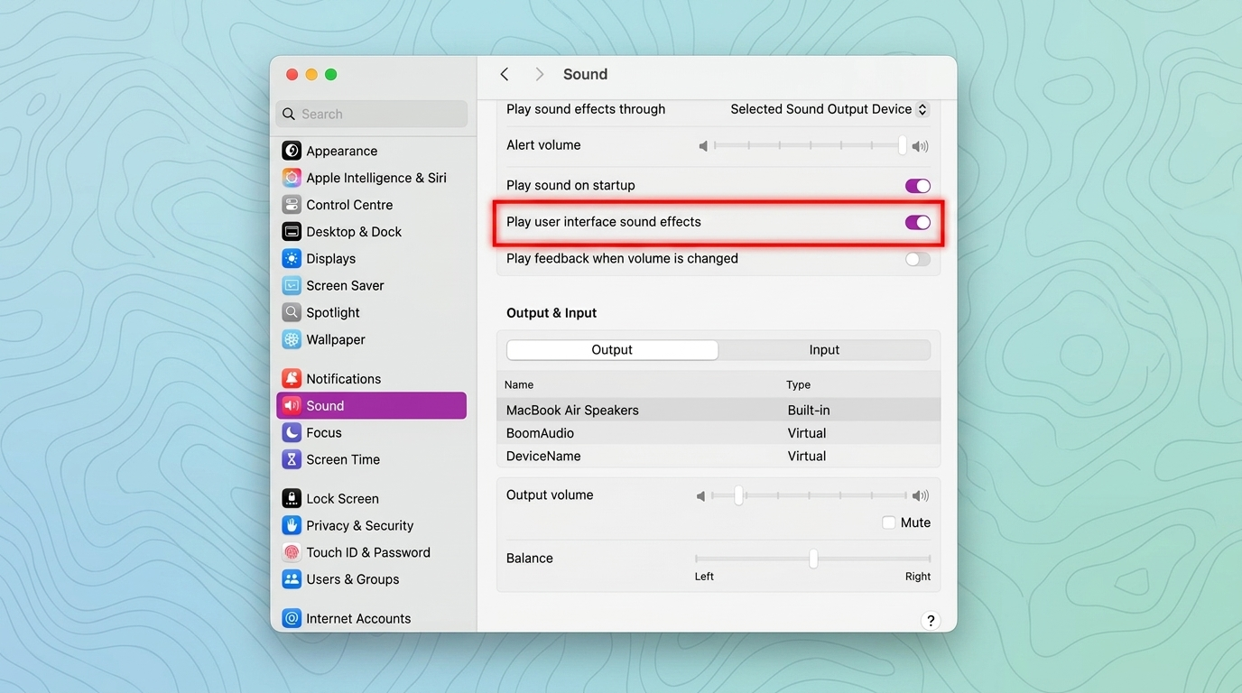 mac-os-sound-settings-window-showing-play-user-interface-sound-effects-toggle-highlighted-in-red-box