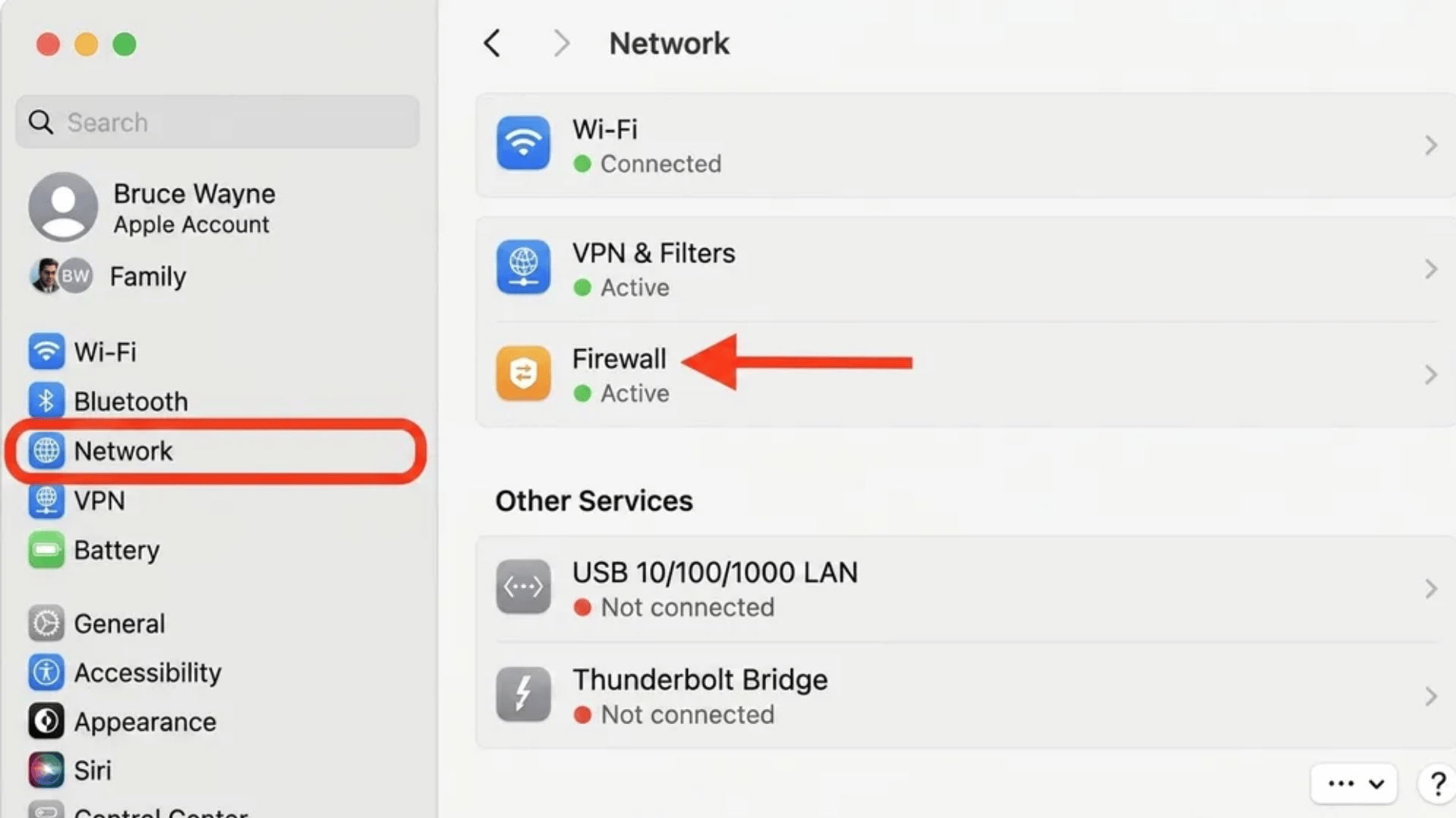 macOS System Settings open to Network page showing Wi-Fi, VPN & Filters, and Firewall status with an arrow highlighting the Firewall option in the sidebar.