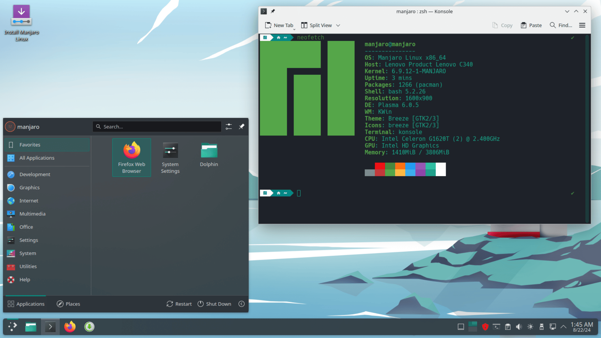 Manjaro Linux desktop with terminal, application menu, and taskbar, running KDE Plasma and showing system info.