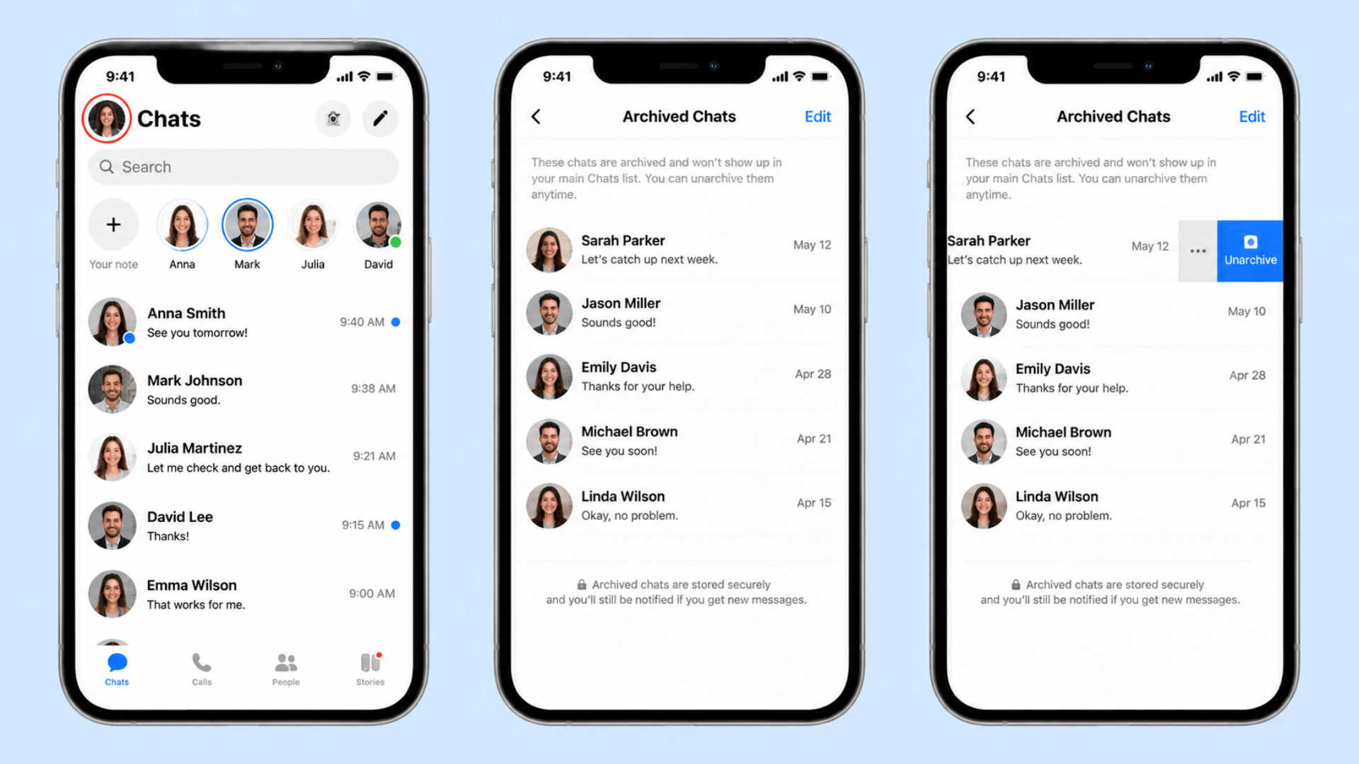 Three smartphone screens showing chat list, archived chats screen, and swipe option to unarchive a conversation.