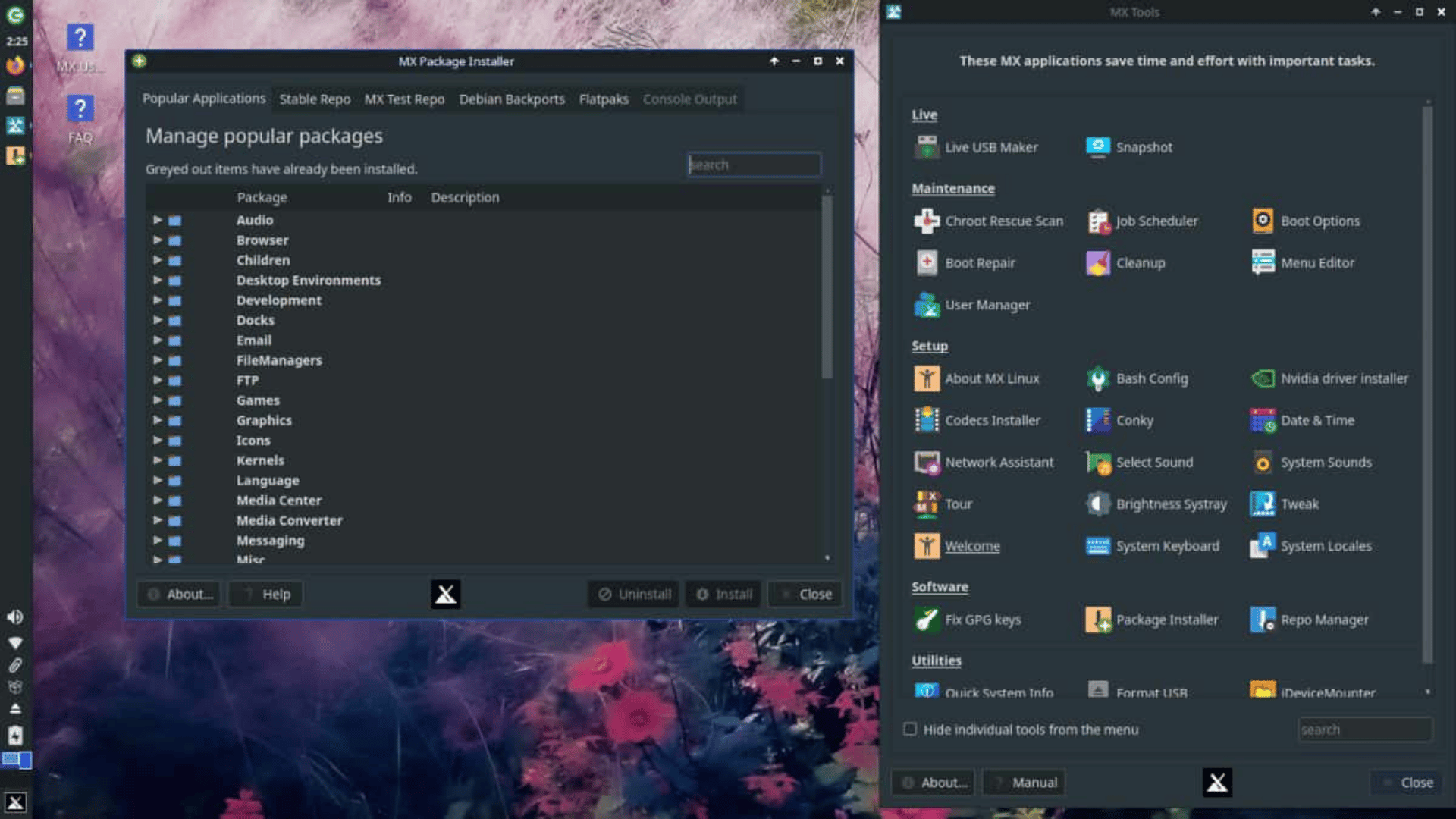 MX Linux desktop showing package installer and MX Tools window with dark theme, organized apps, and system utilities.