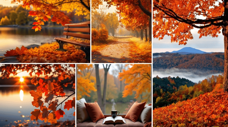 Pretty fall facebook cover photos collage of autumn bench, path, mountains, lake, cozy indoor scene