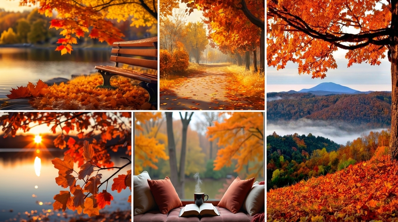 Pretty fall facebook cover photos collage of autumn bench, path, mountains, lake, cozy indoor scene