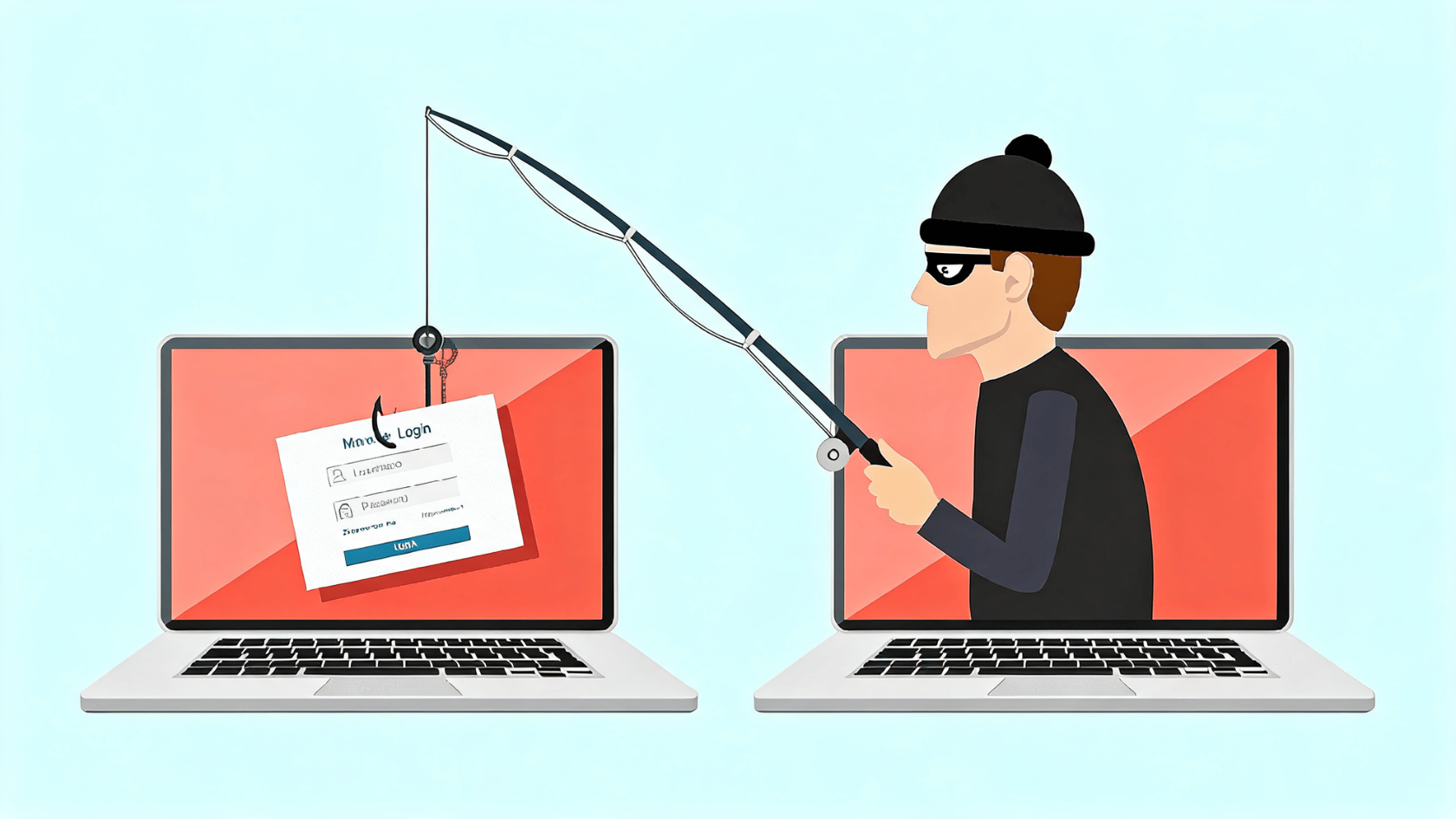 Hooded attacker using a fishing rod to pull a login form from a laptop screen on a second laptop