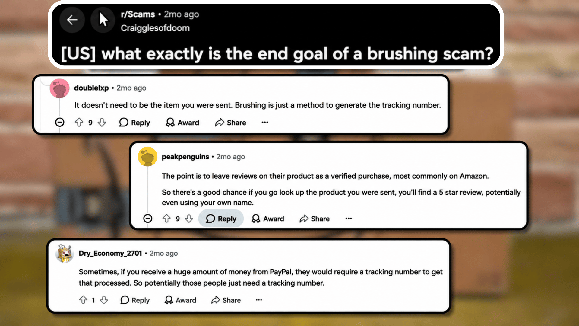 Reddit thread screenshot showing question about brushing scams with comments explaining fake tracking numbers and reviews