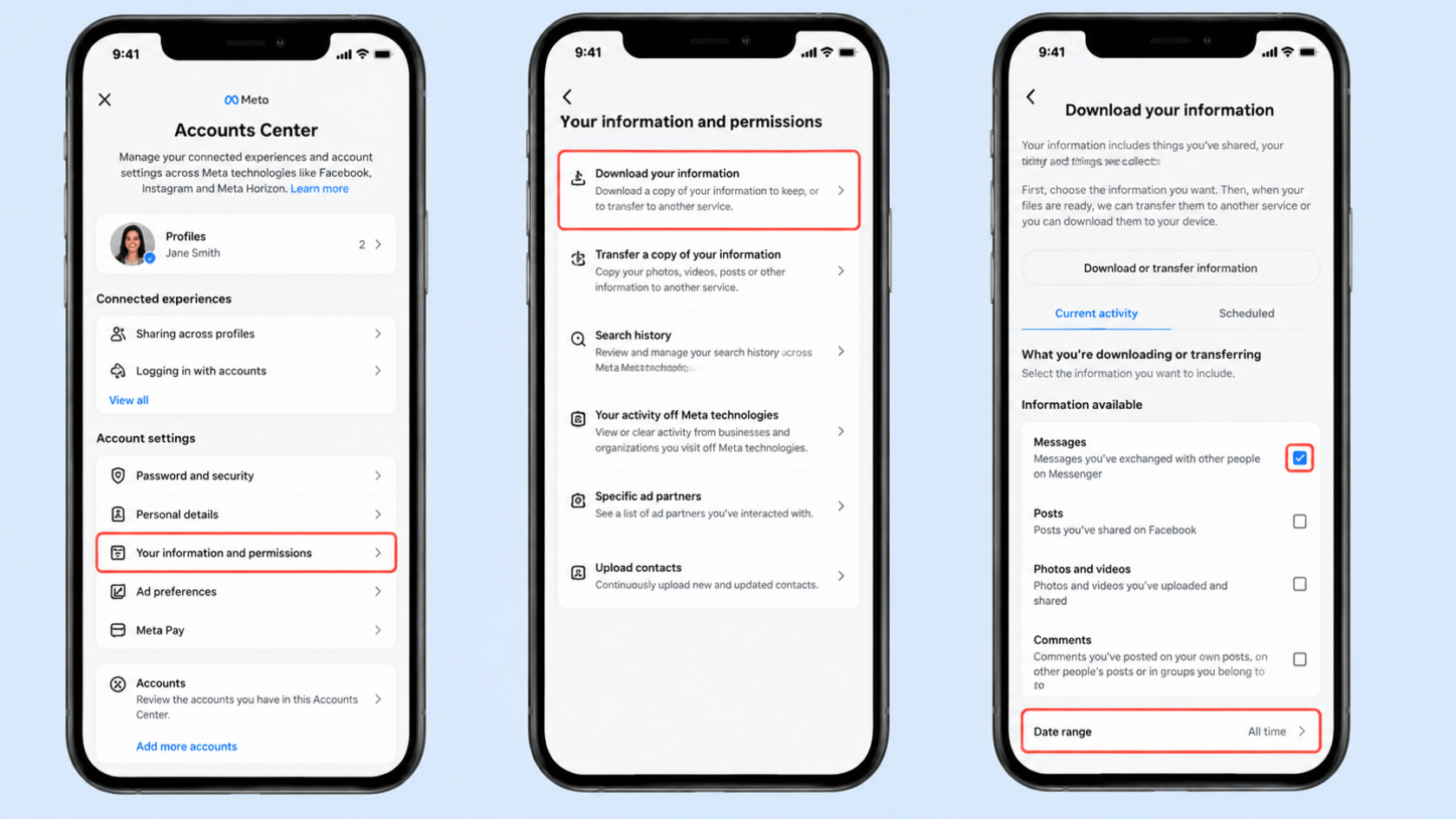 Two smartphone screens showing Facebook “Download your information” process and file ready for download page interface