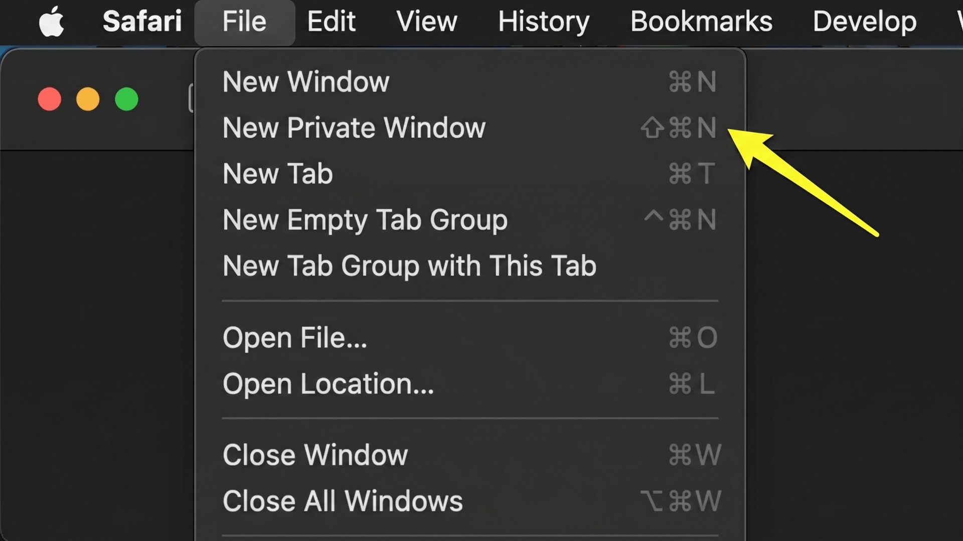 macOS Safari menu showing "New Private Window" option grayed out with red, yellow, and green window control buttons visible.
