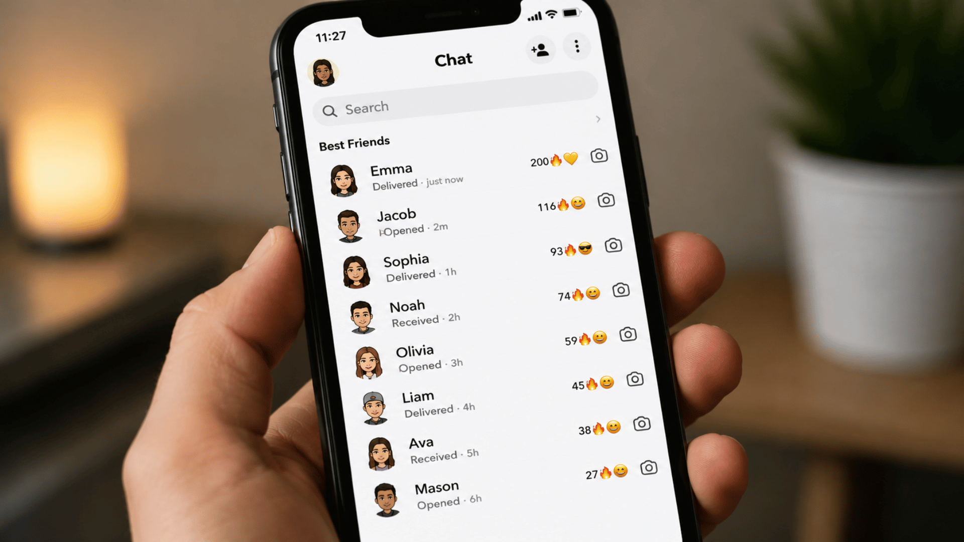 Hand holding smartphone showing Snapchat chat list with contacts and emojis