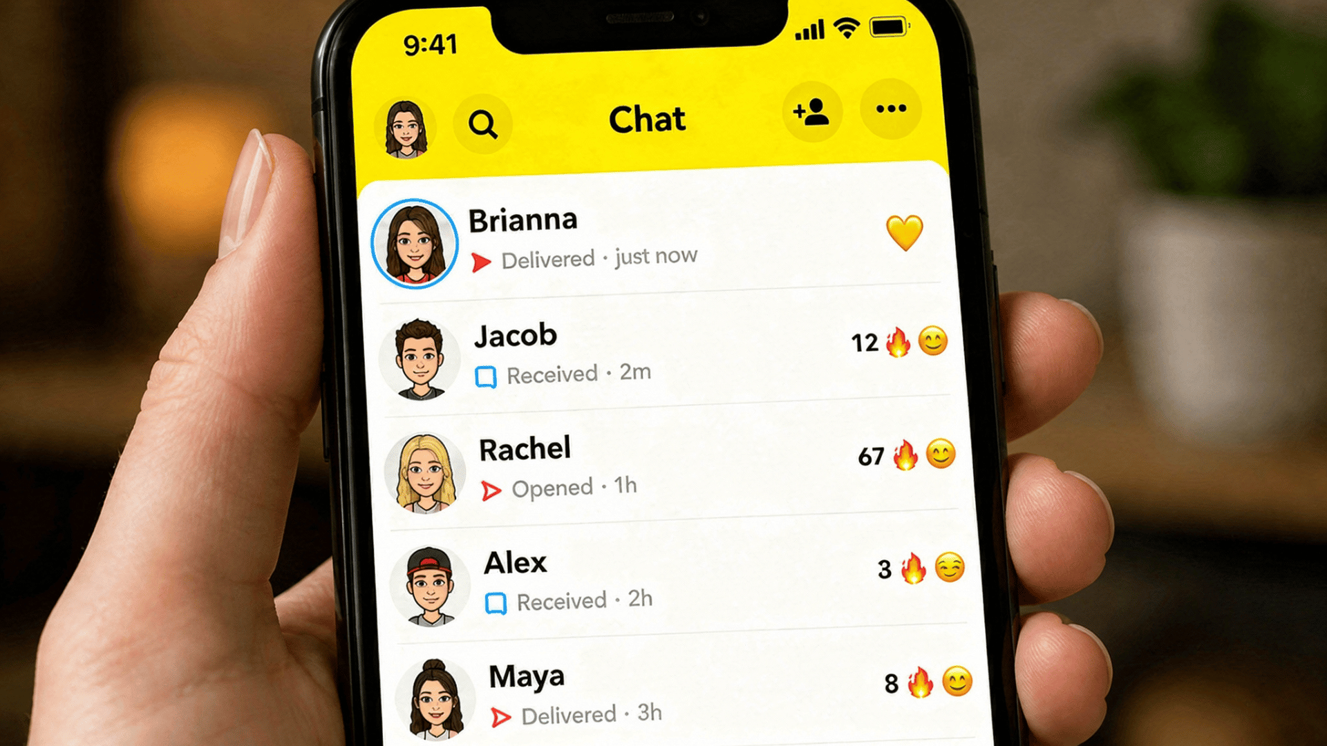 Hand holding smartphone showing Snapchat chat list with contacts and emojis