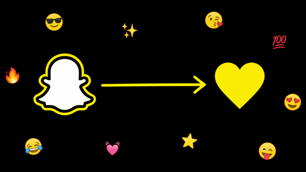 Snapchat ghost logo with arrow pointing to yellow heart on black background with emojis