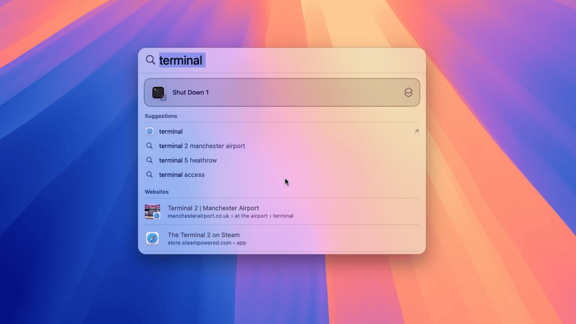 macOS Spotlight search showing the Terminal app highlighted on a colorful gradient desktop background.