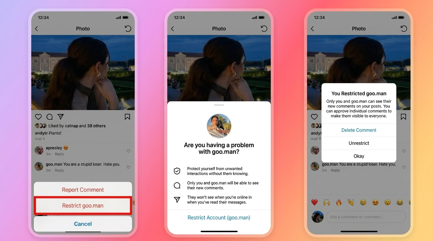Three Instagram screens showing restriction flow: report/restrict option, safety notice, and restricted confirmation.