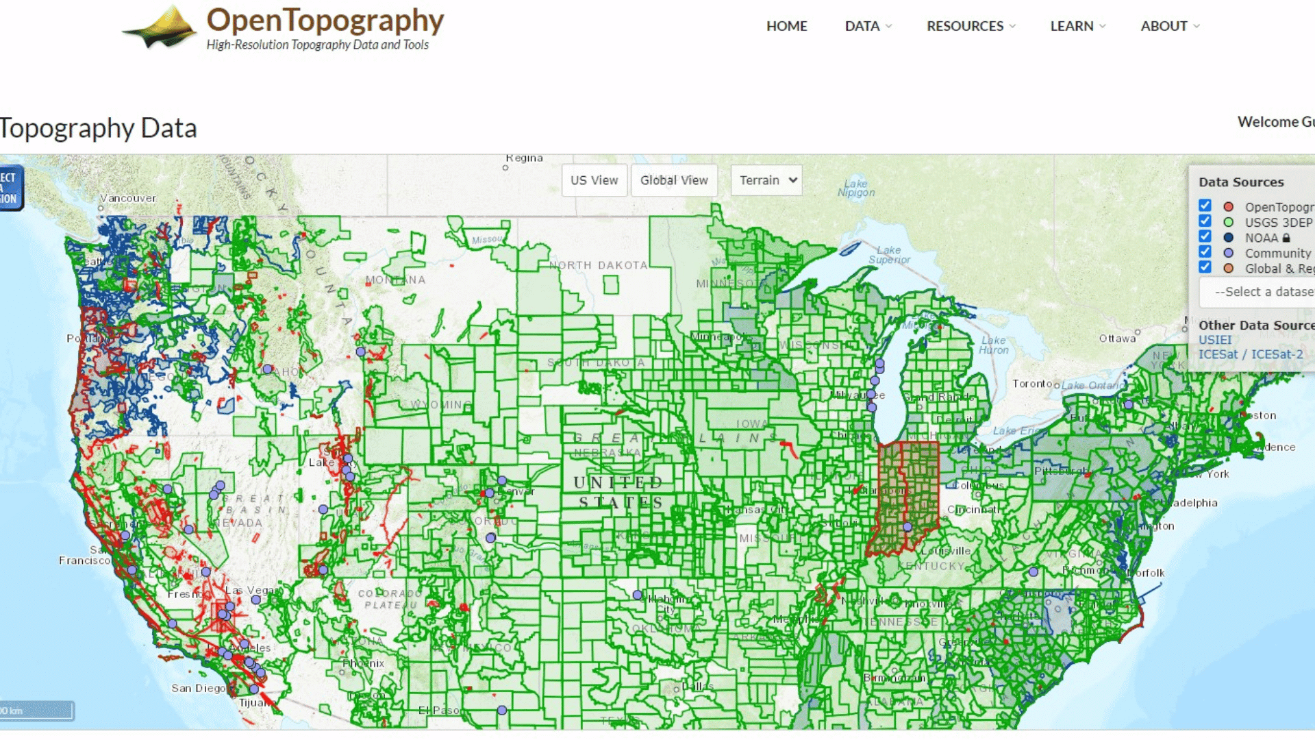 OpenTopography data viewer showing US topography datasets from USGS 3DEP, NOAA, and Community Dataspace sources mapped with colored boundaries.