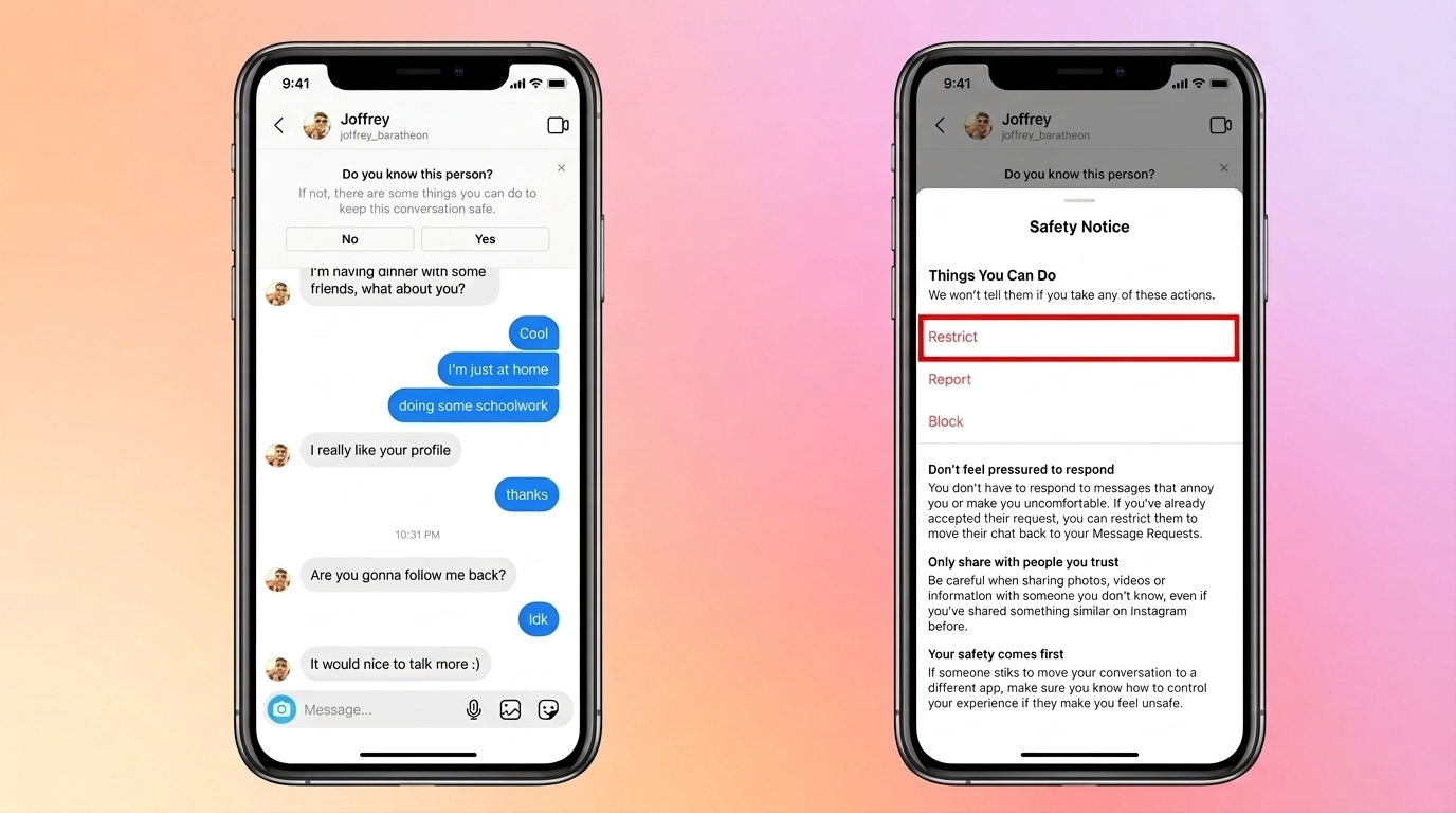 Two Instagram screens showing chat and safety notice with Restrict option highlighted among Report and Block.