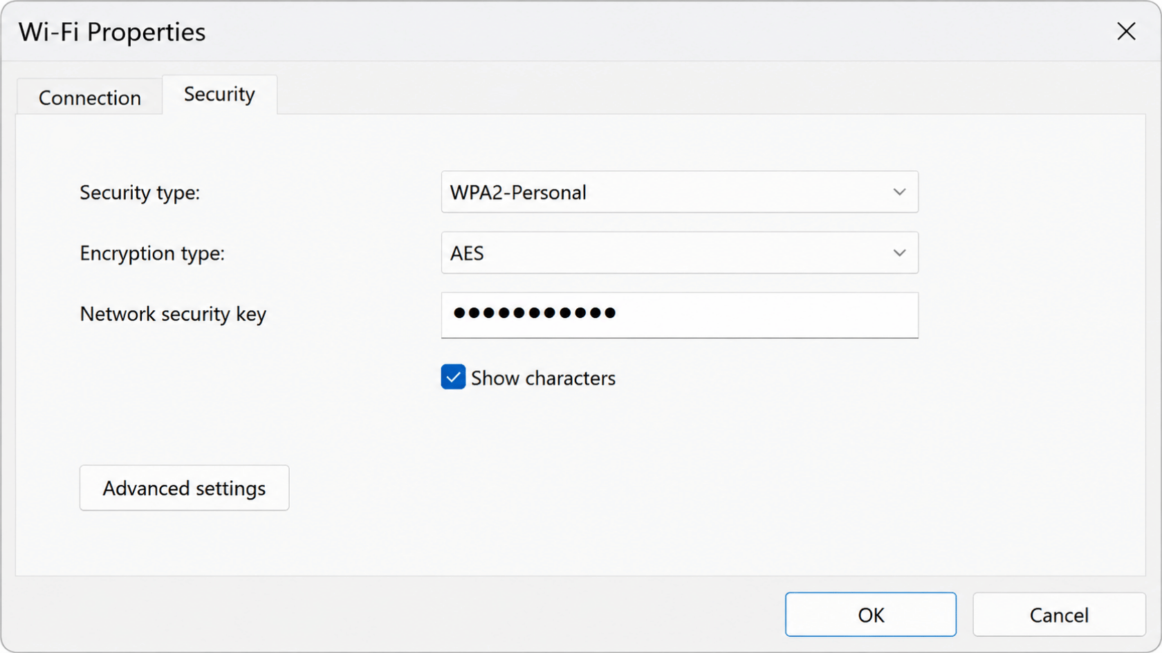 Windows Wi-Fi Properties dialog showing WPA2-Personal, AES, masked password field, show characters, OK Cancel buttons