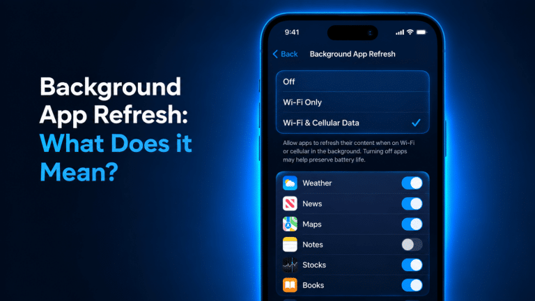 A phone screen with blue and black background with text "Background App Refresh: What Does it Mean?"