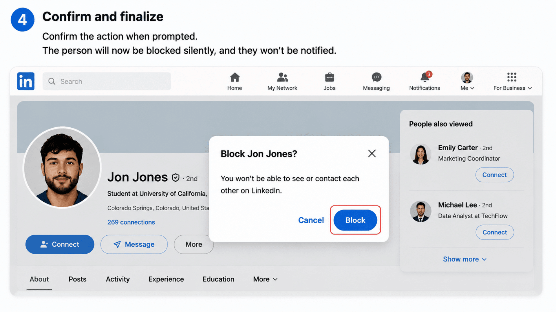 LinkedIn page showing “Block Jon Jones” confirmation dialog with Cancel and Block buttons, and step 4 confirm and finalize text