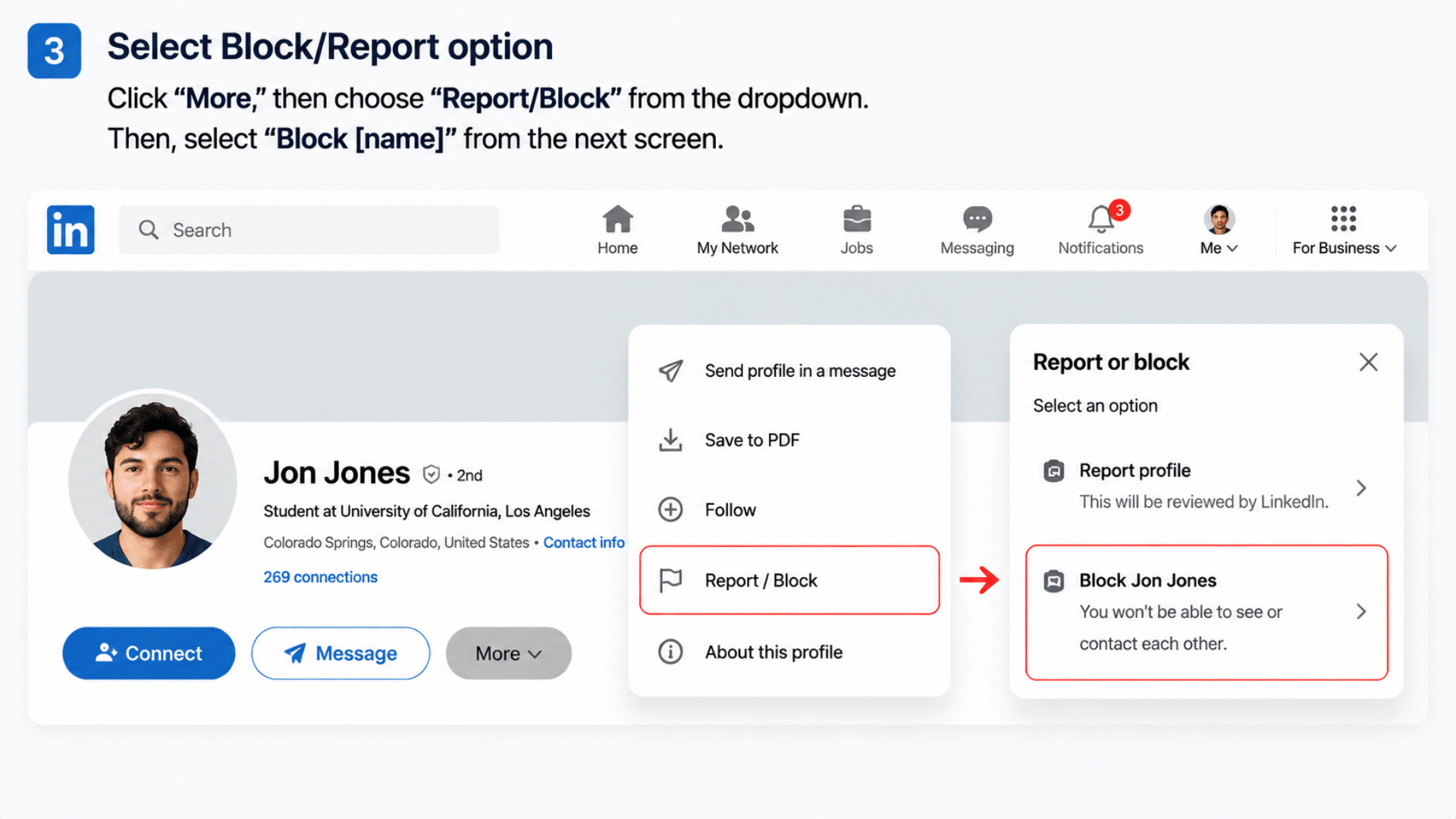 LinkedIn profile page showing dropdown menu with Report/Block option and side panel with Block Jon Jones selection