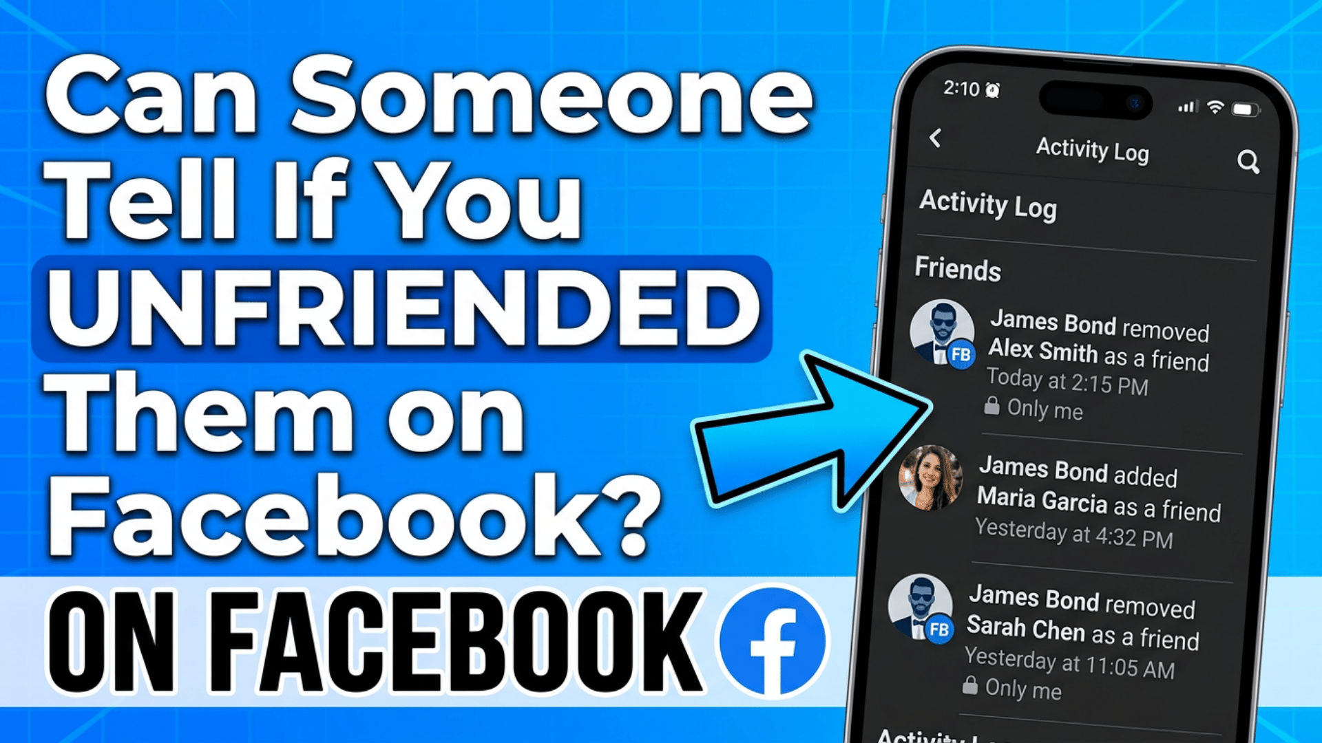 'Can Someone Tell If You UNFRIENDED Them on Facebook? ON FACEBOOK' next to phone showing Activity Log with friend removals