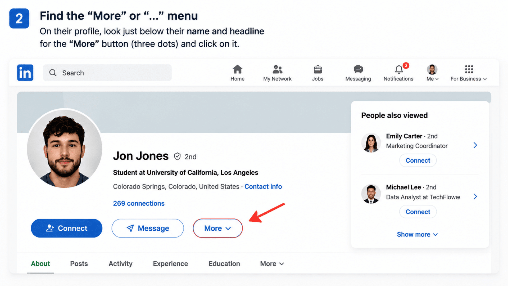 LinkedIn profile page showing Jon Jones profile with Connect, Message, More button, red arrow pointing to More, step 2 text
