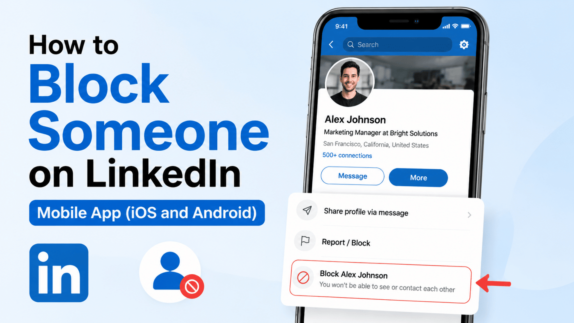 Smartphone screen showing LinkedIn profile Alex Johnson with menu showing Report/Block and Block Alex Johnson option highlighted with red arrow