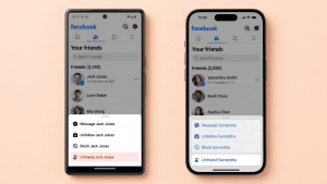 Two smartphones on Facebook friends list; left Jack Jonas menu message unfollow block unfriend; right Samantha Smith menu