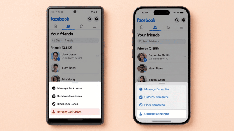 Two smartphones on Facebook friends list; left Jack Jonas menu message unfollow block unfriend; right Samantha Smith menu