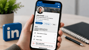 Hand holding smartphone showing LinkedIn profile John Smith with Report/Block menu and Block John Smith option highlighted