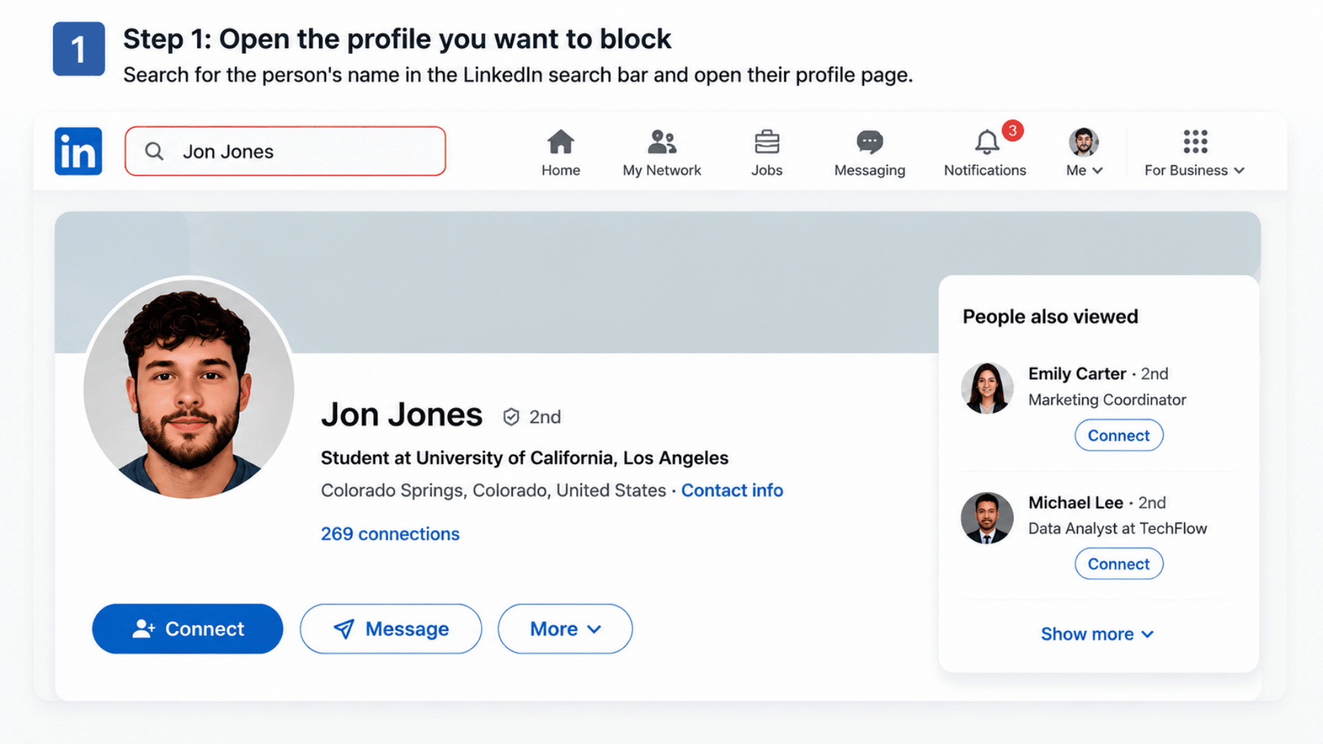 LinkedIn profile page with search bar showing Jon Jones entered and profile page open, Step 1 open profile you want to block