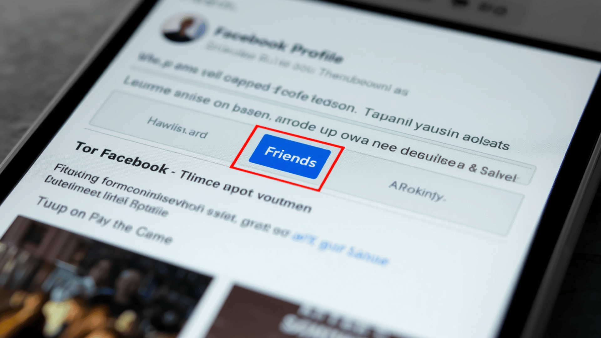 Facebook profile page on phone with blue Friends button highlighted inside red rectangle