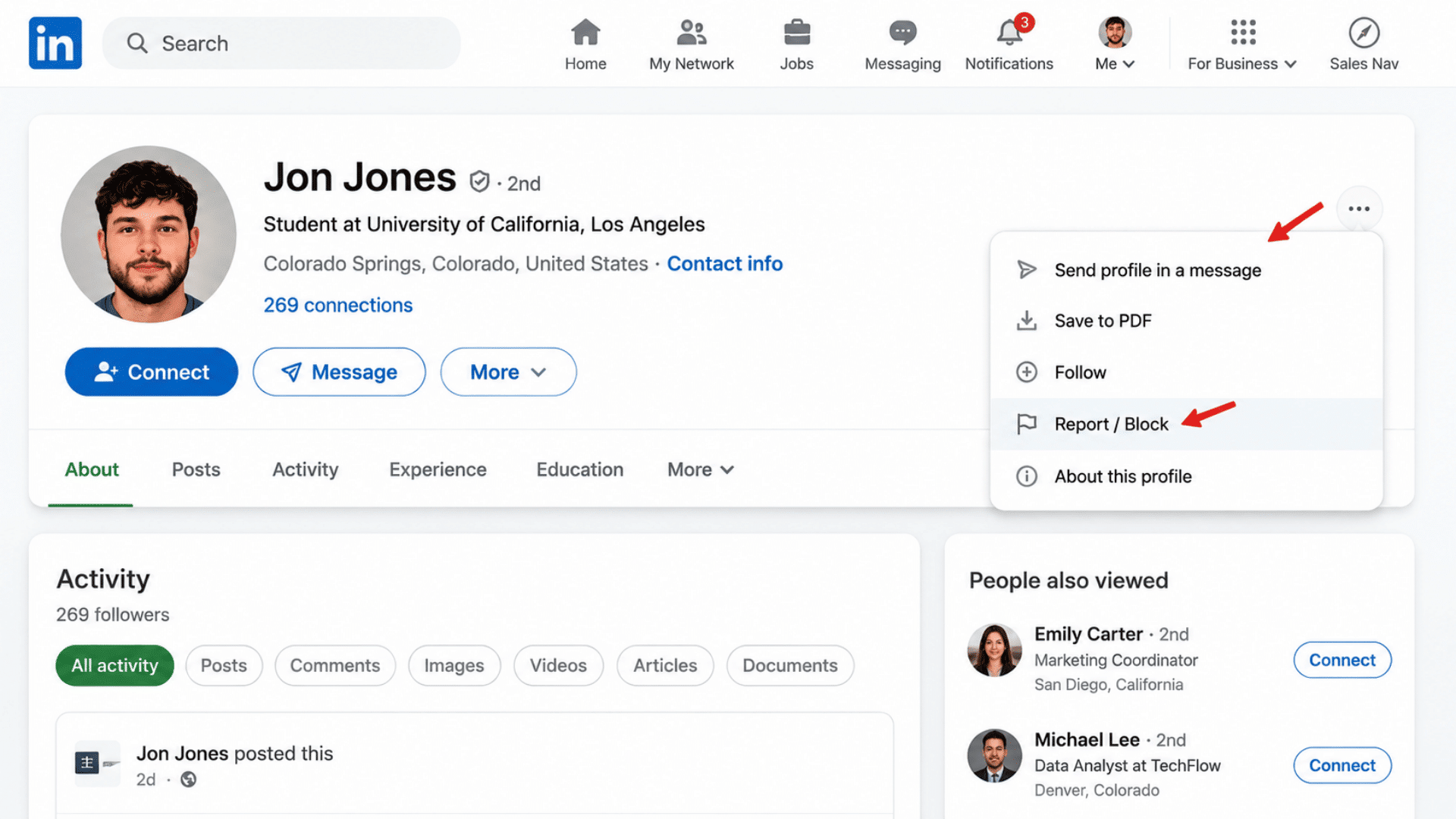 LinkedIn profile with dropdown menu open showing Send profile message, Report/Block; red arrows pointing to Send profile message and Report/Block
