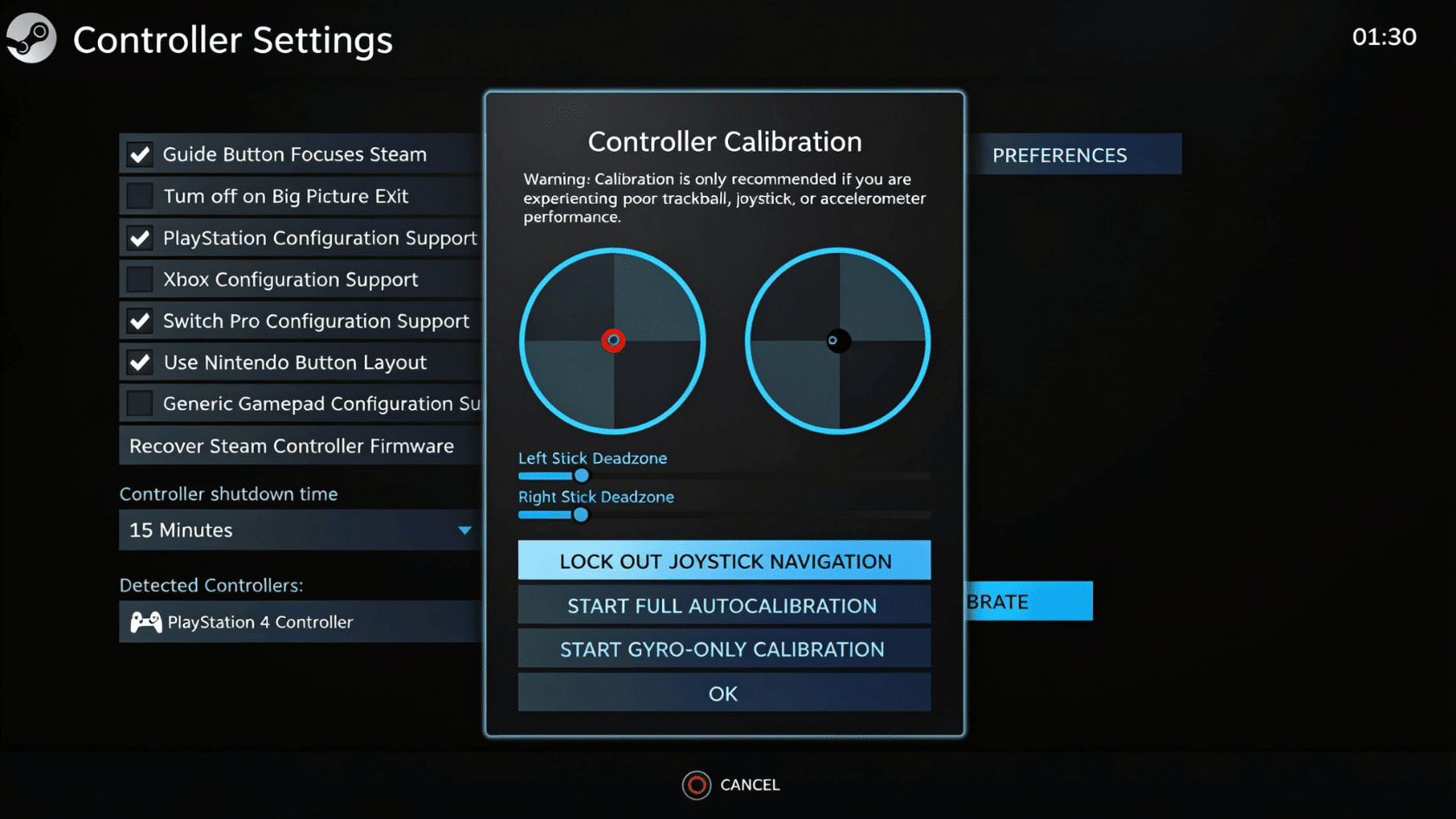 PS5 controller calibration settings screen showing joystick deadzone and autocalibration options.