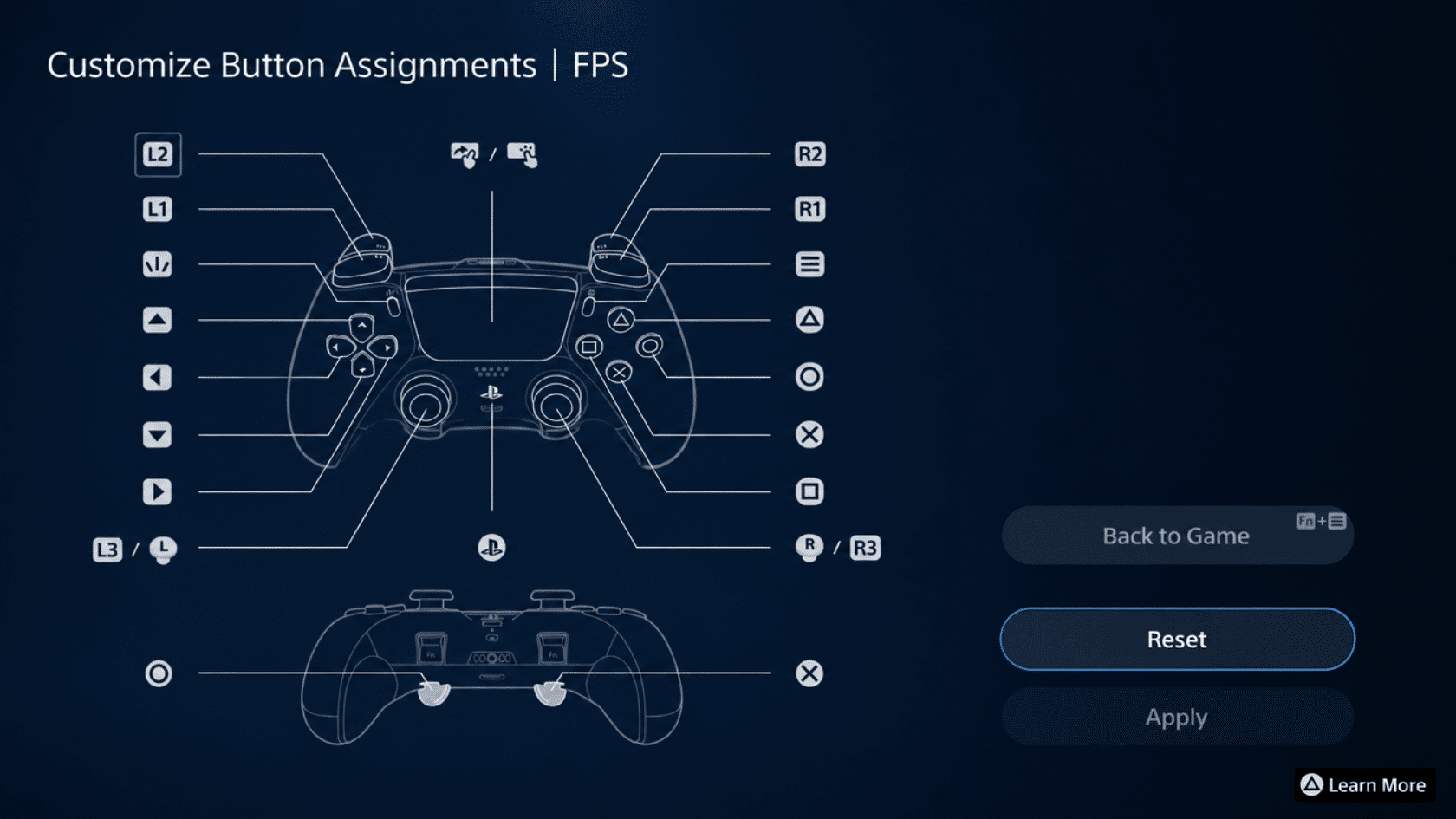 PS5 controller button assignments layout showing customizable controls for FPS gaming settings.