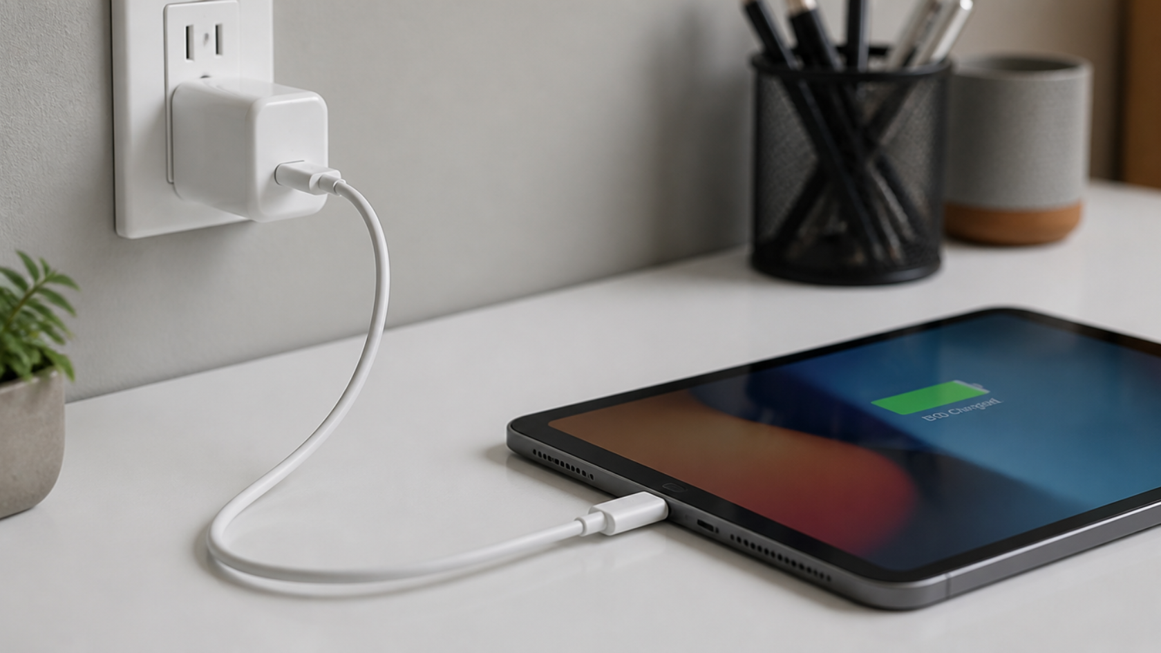 USB-C charging cable connected to a tablet with a power adapter plugged into a wall outlet