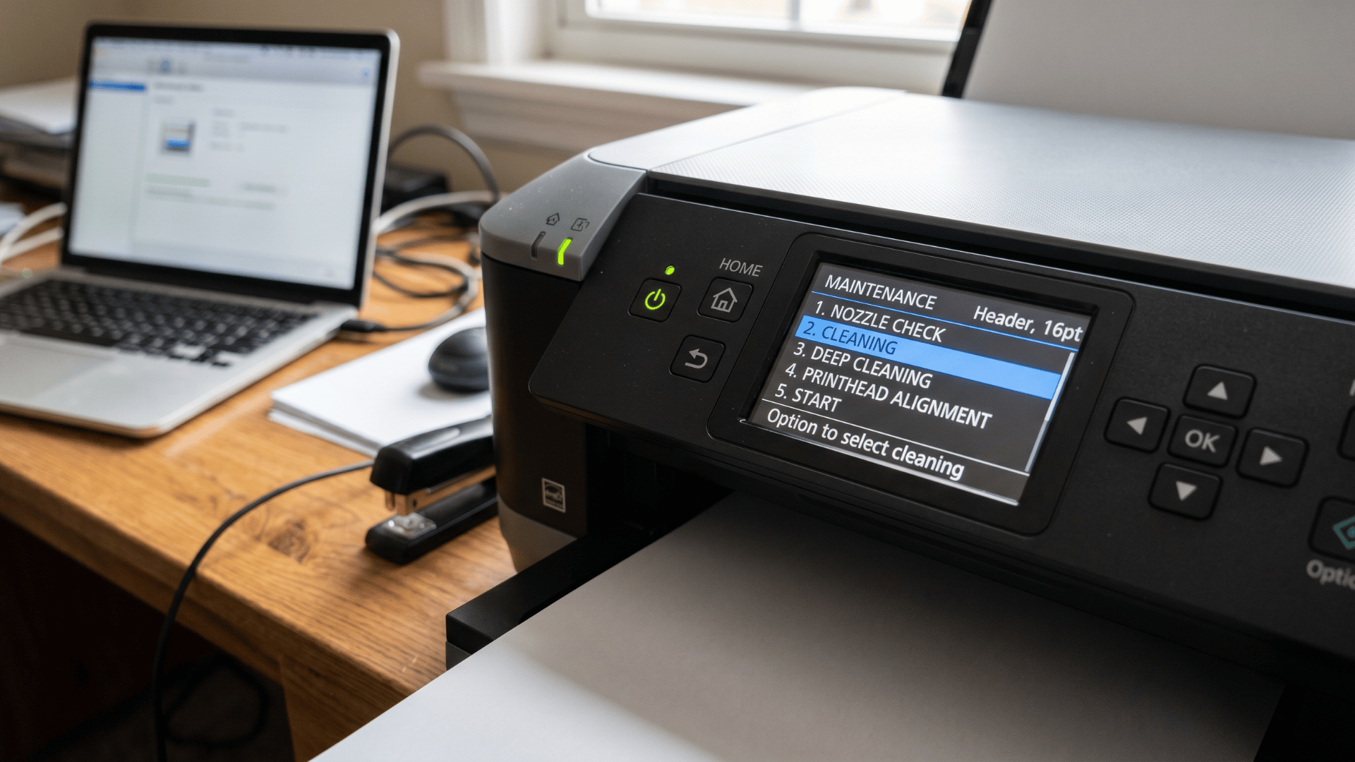 Printer maintenance menu showing printhead cleaning option on inkjet printer control panel