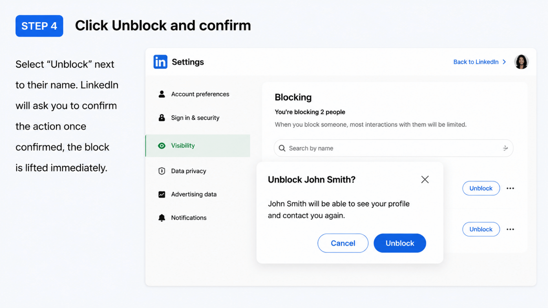 LinkedIn settings page showing “Unblock John Smith?” confirmation popup with Cancel and Unblock buttons and Step 4 text