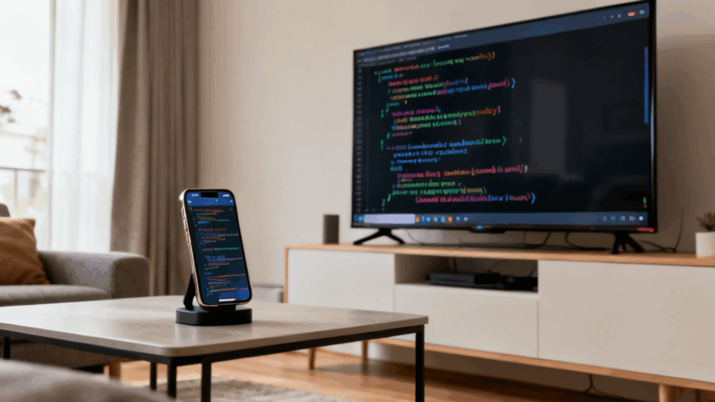 Smartphone on a coffee table showing code while wirelessly mirrored to a large TV displaying the same code in a modern living room.