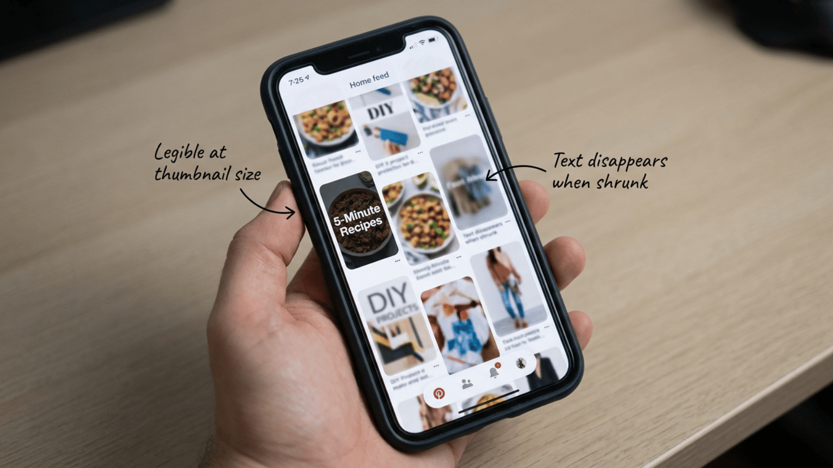 Pinterest home feed showing legible vs disappearing thumbnail text, a design tip to increase followers on Pinterest