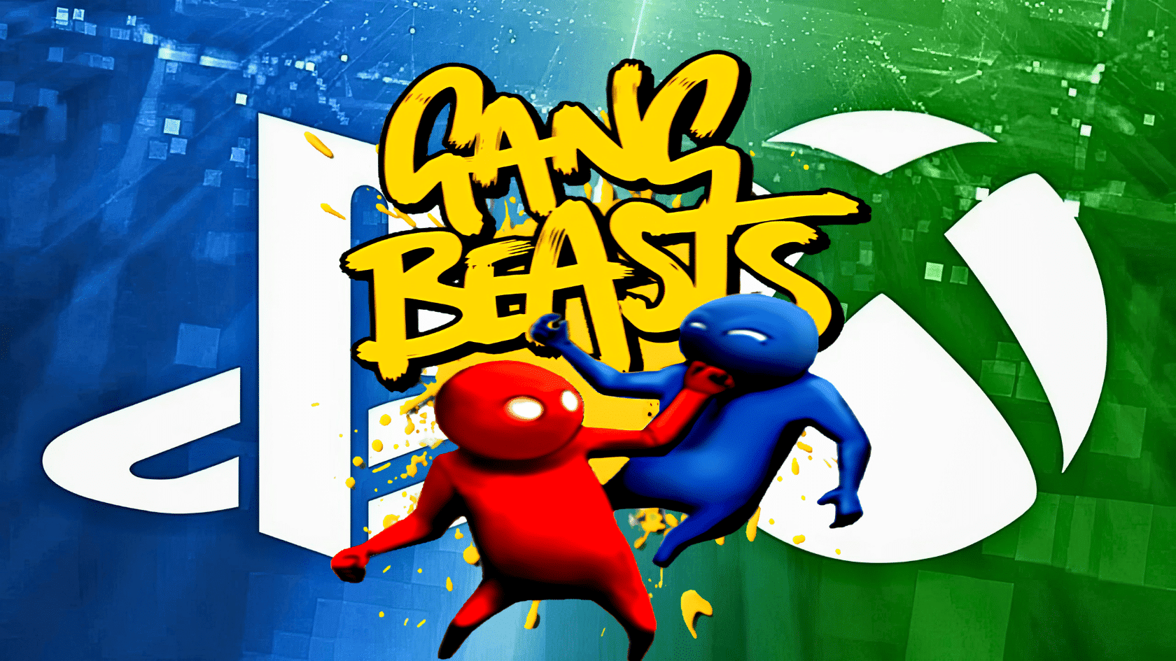 Gang Beasts logo over PlayStation and Xbox symbols as red and blue fighters battle.