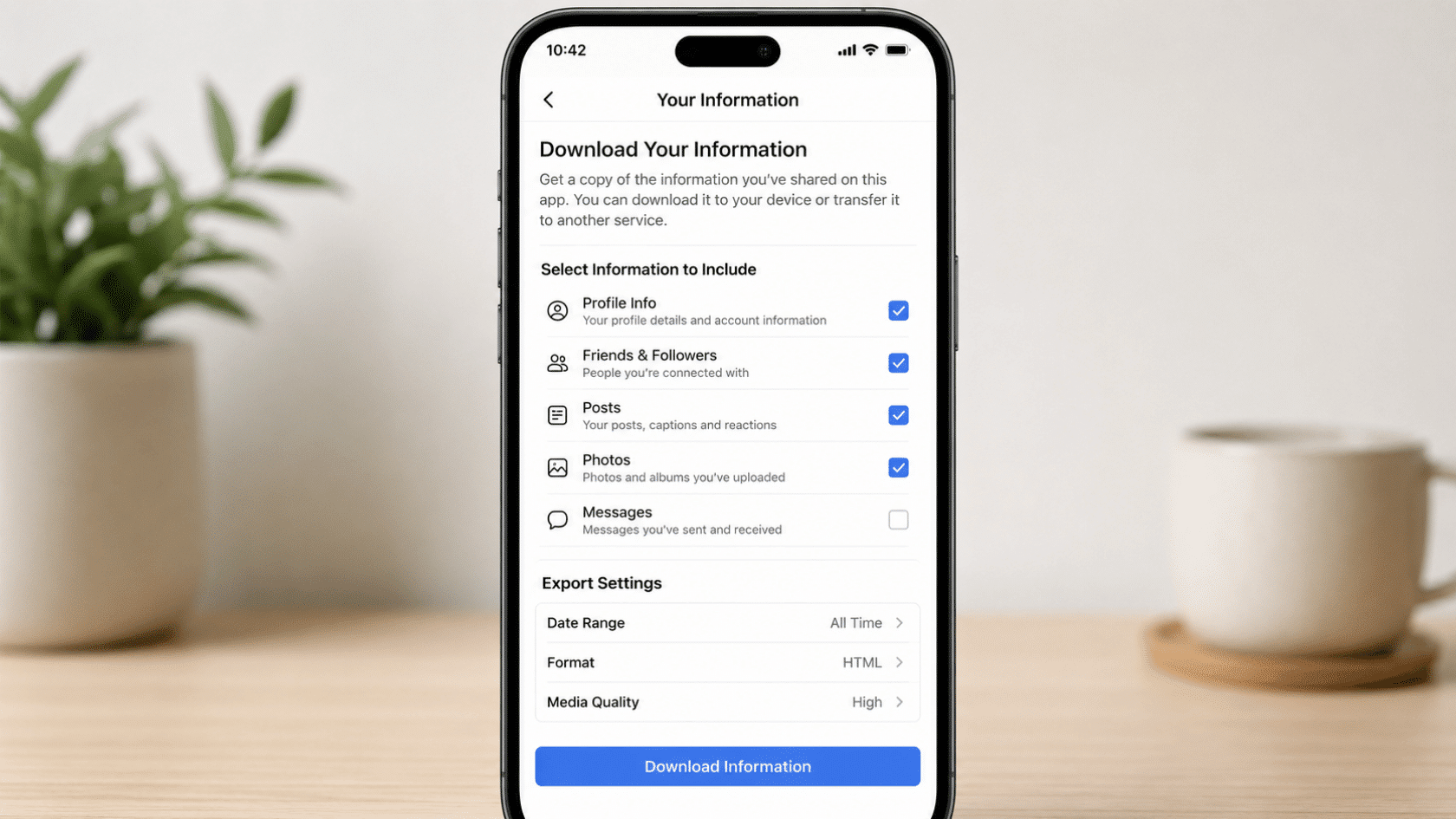 Mobile settings screen showing Download Your Information page with selectable data categories and Download button